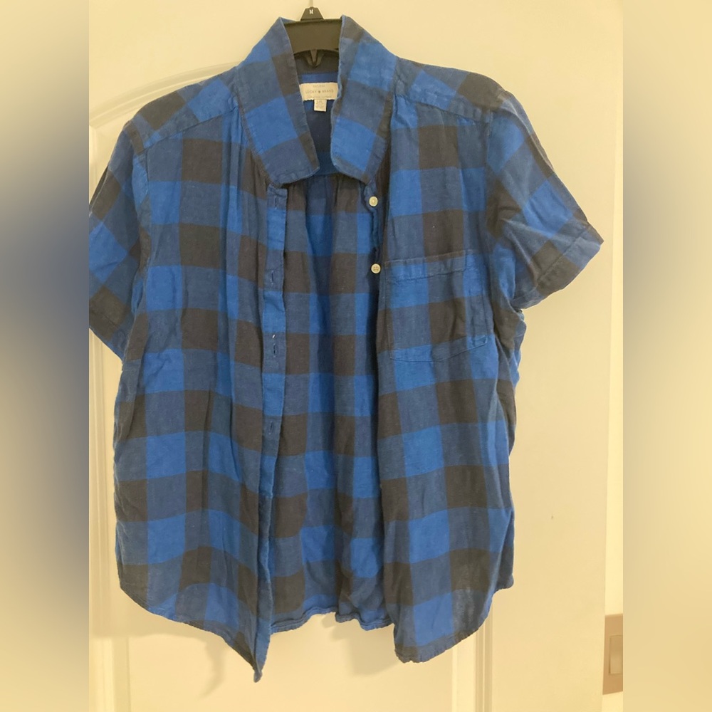Lucky Brand Blue and Black Plaid Short Sleeve Shirt